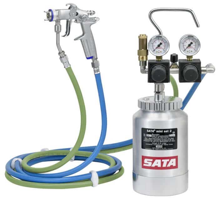 SATA Trennmittel-Sprühsystem mit SATAminijet 1000 K RP Düse 0,3, 2 l Behälter, Doppeldruckminderer, max. Betriebsdruck 2,5 bar, Schlauchpaar 3 m